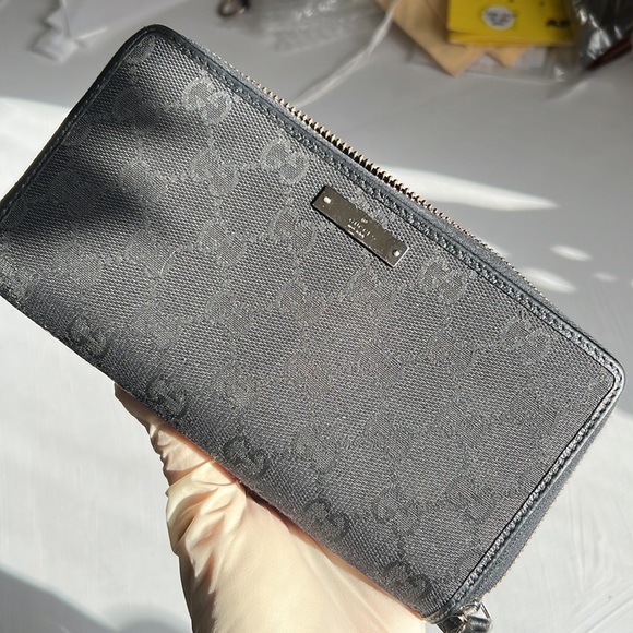 GUCCI GG Logo Canvas & Leather Zip Around Long Wallet Black Silver-tone Auth. - Picture 3 of 17